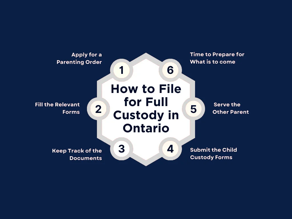 A hexagonal diagram on how to file for full custody in Ontario