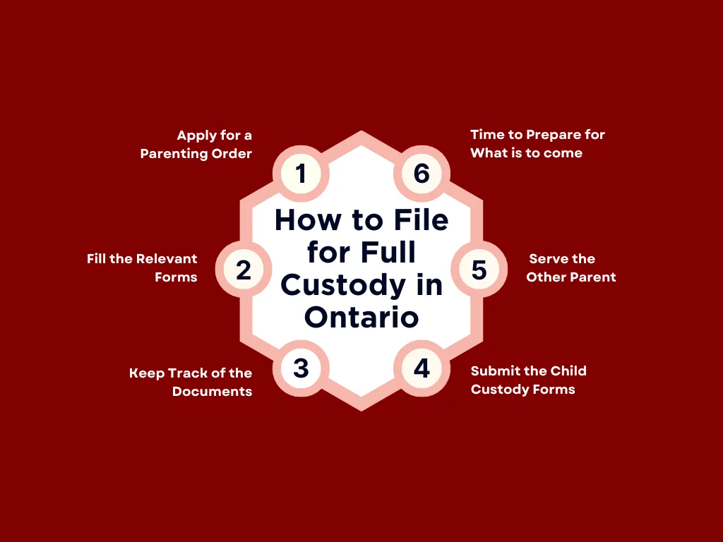 A hexagonal diagram on how to file for full custody in Ontario